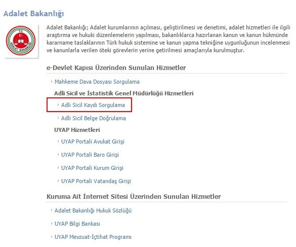 E-devlet'te arama çubuğuna "Adli Sicil Kaydı Sorgulama" yazın. Arama sonuçlarında Adalet Bakanlığı altında listelenen resmi hizmet bağlantısına tıklayın.