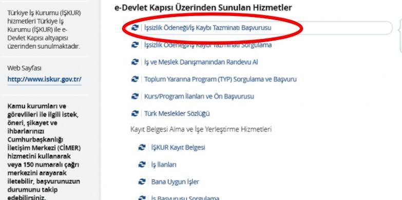 E-devlet arama çubuğuna "İşsizlik Ödeneği / İş Kaybı Tazminatı Başvurusu" yazın ve Türkiye İş Kurumu (İŞKUR) bünyesindeki ilgili hizmet sayfasına tıklayın.