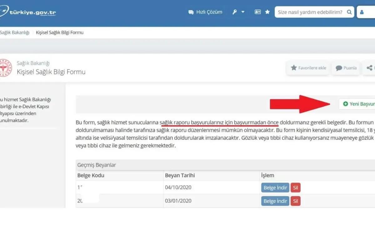 Adım adım Kişisel Sağlık Bilgi Formu doldurma:
- e-Devlet Kapısı'na giriş yapın.
- Arama kutusuna "Kişisel Sağlık Bilgi Formu" yazın ve Sağlık Bakanlığı hizmetini seçin.
- Sağ üstte yer alan "Yeni Başvuru" butonuna tıklayın.
- Formda sorulan kronik hastalıklar, göz problemleri, kardiyolojik rahatsızlıklar, protez kullanımı, düzenli kullanılan ilaçlar ve nörolojik durumlara dair soruları doğru ve eksiksiz yanıtlayın.
- Formu onaylayıp kaydedin. Yapılan beyan e-Rapor sistemine aktarılacaktır.